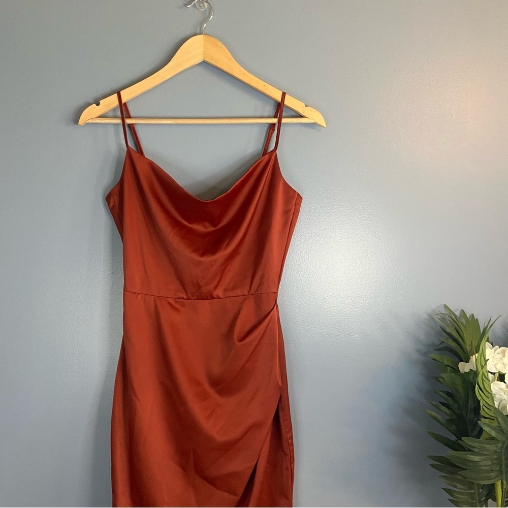 Showpo Burnt Orange Satin Cowl Neck Midi Dress - Picture 4 of 10